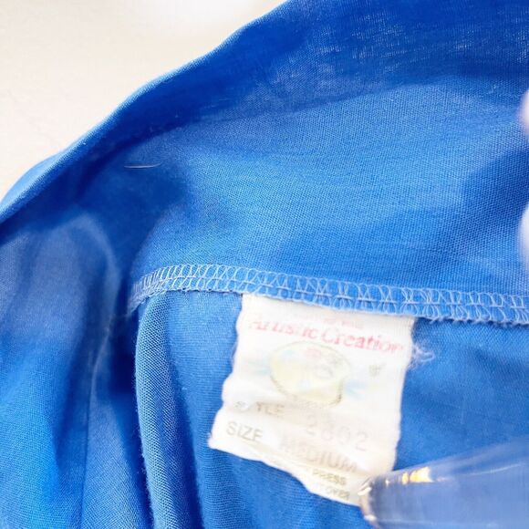 Vintage 70s 80s Artistic Creation Size Medium House Dress Blue Floral Embroidery - Picture 16 of 16